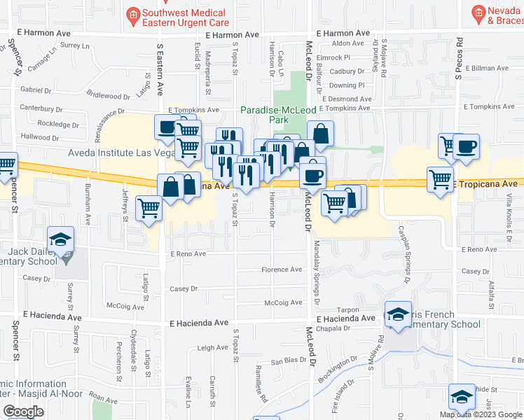 map of restaurants, bars, coffee shops, grocery stores, and more near 4975 Harrison Drive in Las Vegas