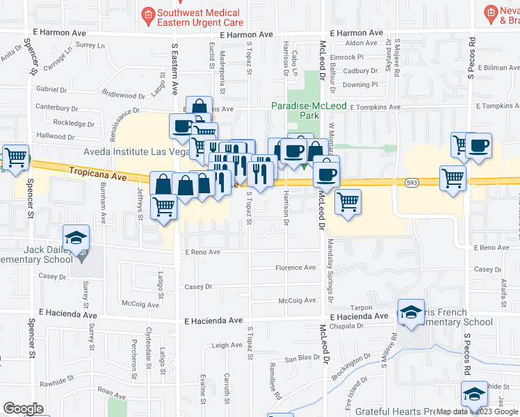 map of restaurants, bars, coffee shops, grocery stores, and more near 2555 South Topaz Street in Las Vegas