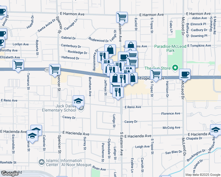 map of restaurants, bars, coffee shops, grocery stores, and more near 4988 Jeffreys Street in Las Vegas