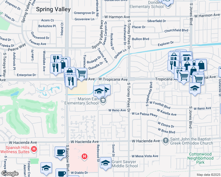 map of restaurants, bars, coffee shops, grocery stores, and more near 6575 West Tropicana Avenue in Las Vegas