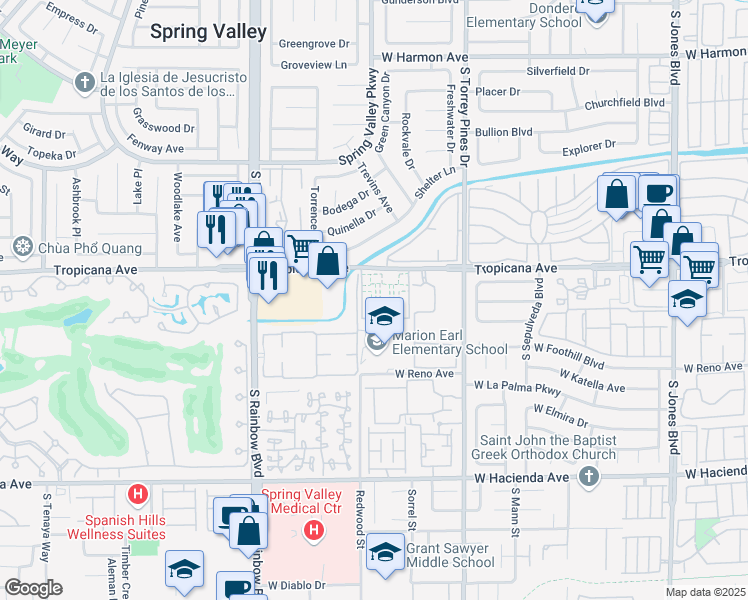 map of restaurants, bars, coffee shops, grocery stores, and more near 6647 West Tropicana Avenue in Las Vegas