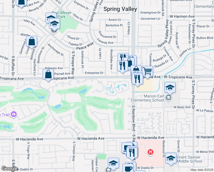 map of restaurants, bars, coffee shops, grocery stores, and more near 7025 Bright Springs Court in Las Vegas