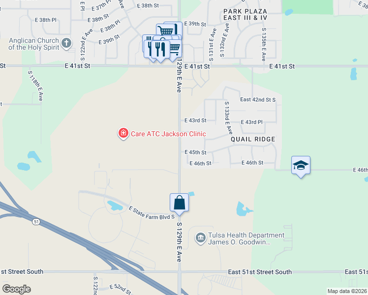 map of restaurants, bars, coffee shops, grocery stores, and more near 12905 East 45th Street in Tulsa