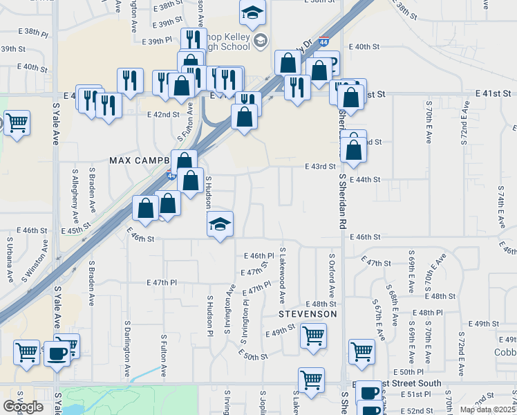 map of restaurants, bars, coffee shops, grocery stores, and more near 4417 South Joplin Avenue in Tulsa