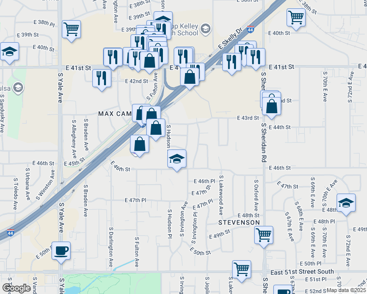 map of restaurants, bars, coffee shops, grocery stores, and more near 44 South Irvington Avenue in Tulsa