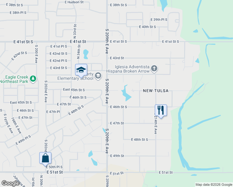 map of restaurants, bars, coffee shops, grocery stores, and more near 21060 East 45th Street South in Broken Arrow
