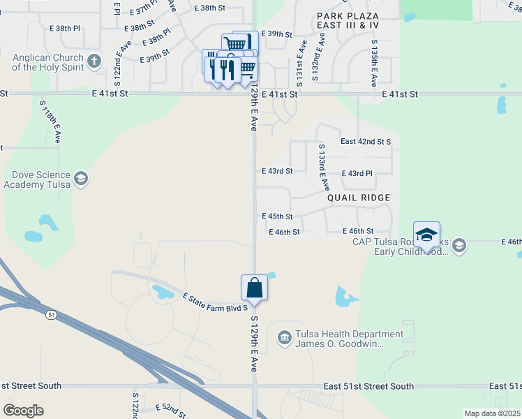 map of restaurants, bars, coffee shops, grocery stores, and more near 12905 East 45th Street in Tulsa