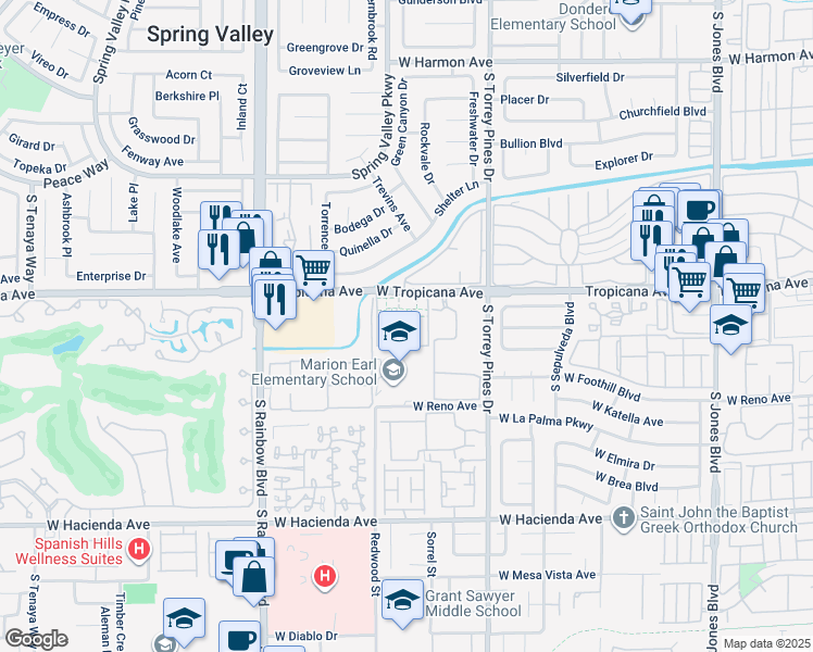 map of restaurants, bars, coffee shops, grocery stores, and more near 6661 West Tropicana Avenue in Las Vegas
