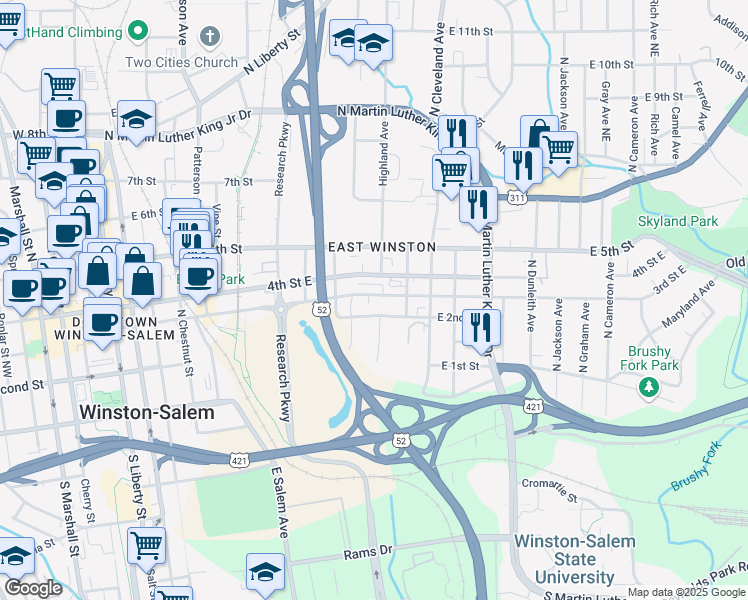 map of restaurants, bars, coffee shops, grocery stores, and more near 950 East 3rd Street in Winston-Salem