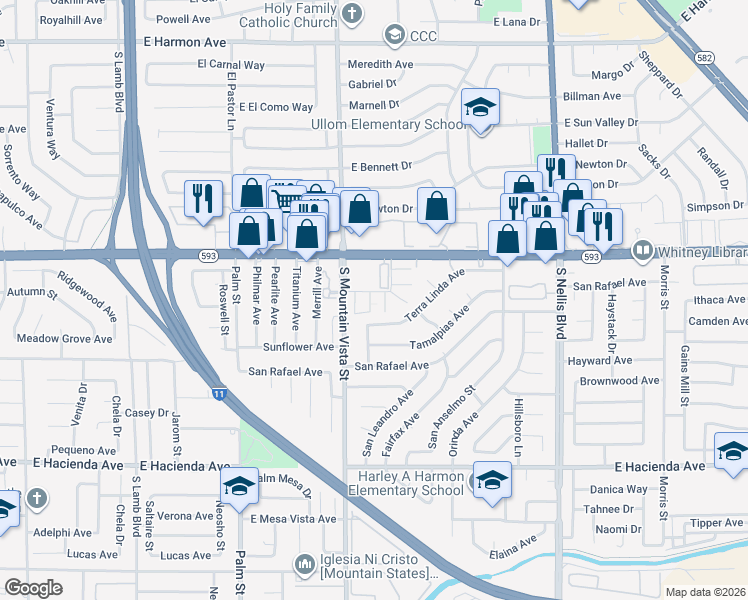 map of restaurants, bars, coffee shops, grocery stores, and more near 4631 Mill Valley Drive in Las Vegas