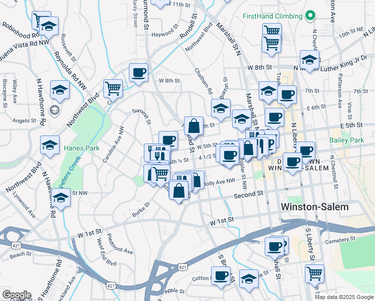 map of restaurants, bars, coffee shops, grocery stores, and more near 811 West 5th Street in Winston-Salem