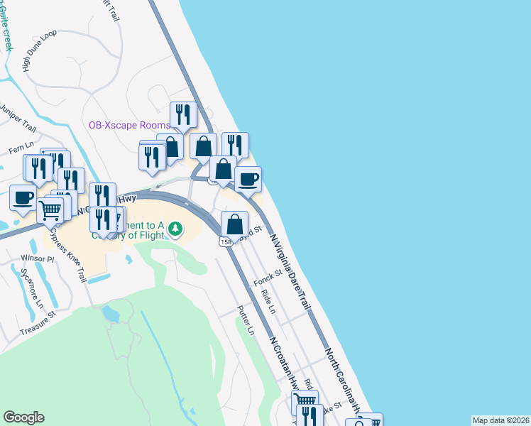map of restaurants, bars, coffee shops, grocery stores, and more near 5203 North Va Dare Trail in Kitty Hawk