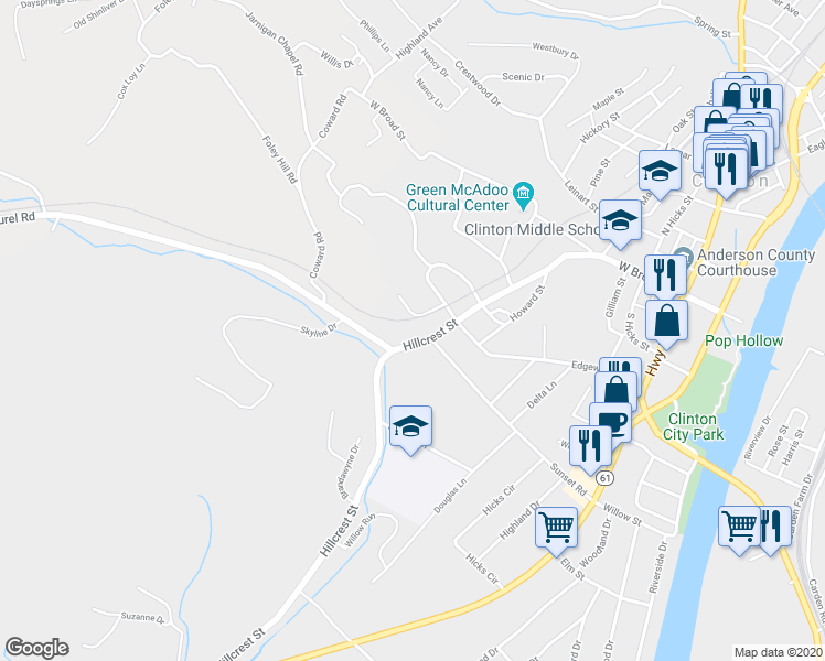 map of restaurants, bars, coffee shops, grocery stores, and more near 315 Hillcrest Street in Clinton