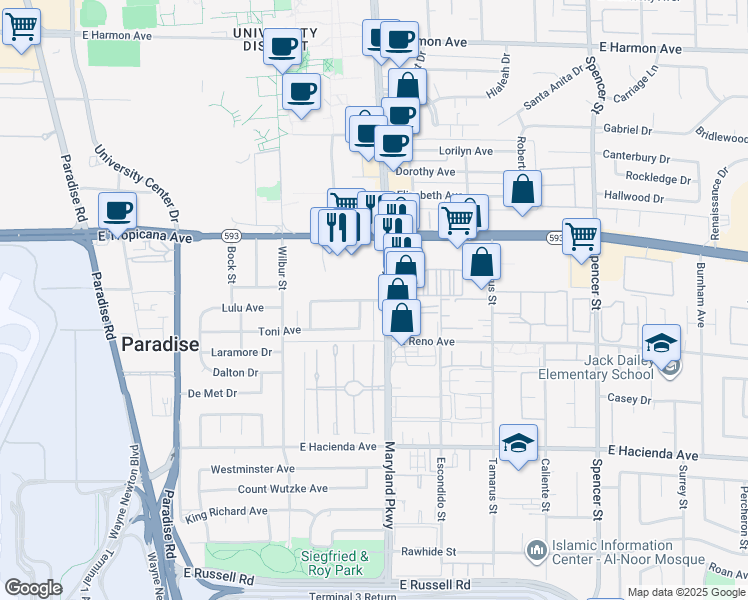 map of restaurants, bars, coffee shops, grocery stores, and more near 1188 Lulu Avenue in Las Vegas