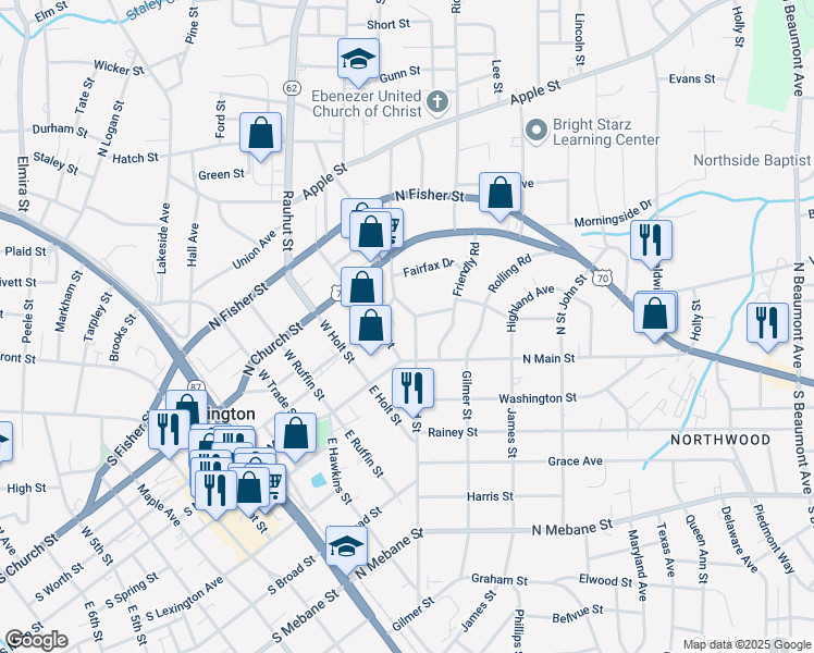 map of restaurants, bars, coffee shops, grocery stores, and more near 120 North Ireland Street in Burlington