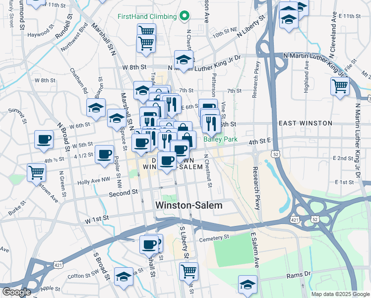 map of restaurants, bars, coffee shops, grocery stores, and more near 430 North Main Street in Winston-Salem