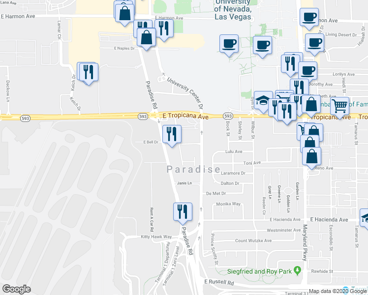 map of restaurants, bars, coffee shops, grocery stores, and more near 5010 Palo Verde Road in Las Vegas