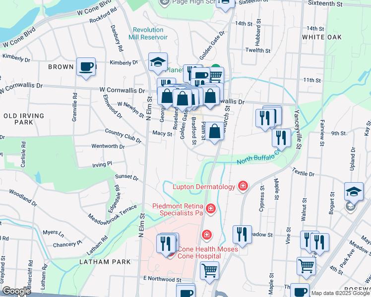 map of restaurants, bars, coffee shops, grocery stores, and more near 1711 Buffalo Street in Greensboro
