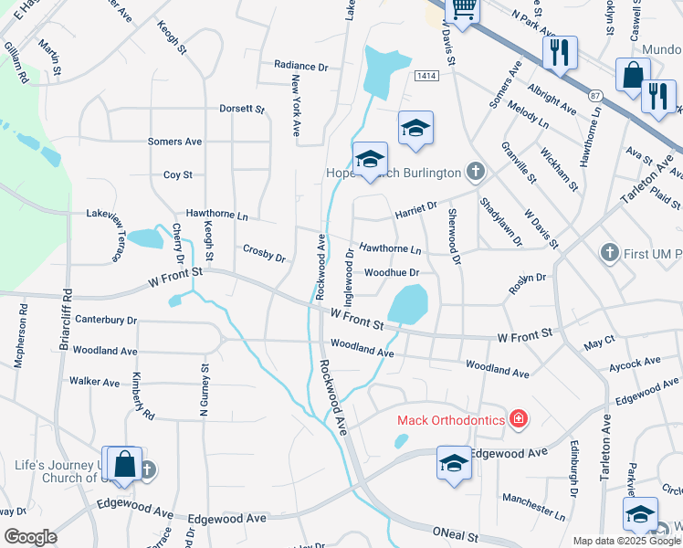 map of restaurants, bars, coffee shops, grocery stores, and more near 1600 Inglewood Drive in Burlington
