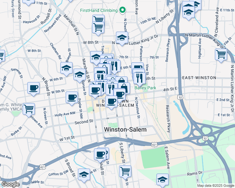 map of restaurants, bars, coffee shops, grocery stores, and more near 1 West 4th Street in Winston-Salem