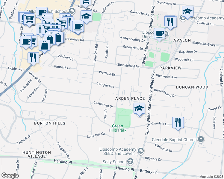 map of restaurants, bars, coffee shops, grocery stores, and more near 1707 Temple Avenue in Nashville