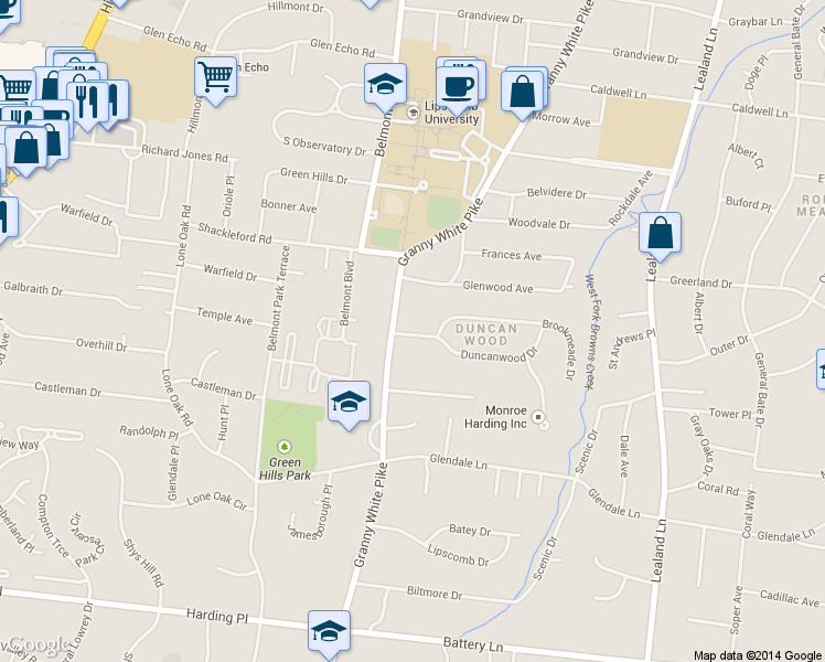 map of restaurants, bars, coffee shops, grocery stores, and more near 1152 Duncanwood Dr in Nashville