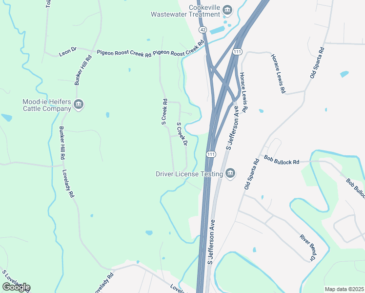 map of restaurants, bars, coffee shops, grocery stores, and more near 4525 South Creek Drive in Cookeville