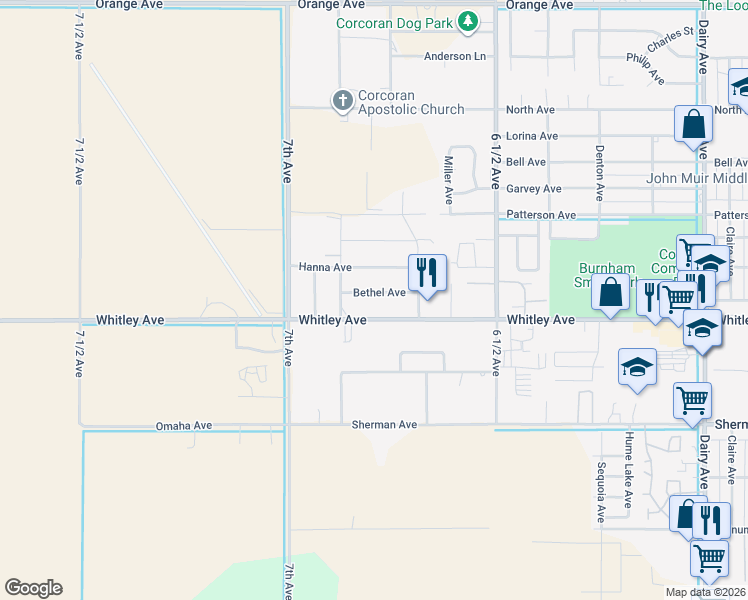 map of restaurants, bars, coffee shops, grocery stores, and more near 2725 Bethel Avenue in Corcoran
