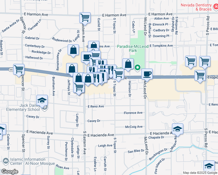 map of restaurants, bars, coffee shops, grocery stores, and more near 2477 E Tropicana Ave in Las Vegas