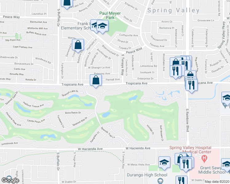 map of restaurants, bars, coffee shops, grocery stores, and more near 7365 Mission Hills Drive in Las Vegas