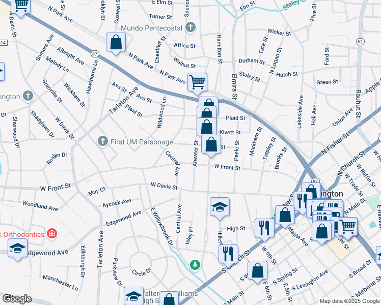 map of restaurants, bars, coffee shops, grocery stores, and more near 509 Atwater Street in Burlington