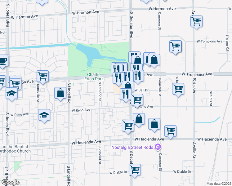 map of restaurants, bars, coffee shops, grocery stores, and more near 5155 West Tropicana Avenue in Las Vegas