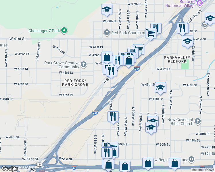 map of restaurants, bars, coffee shops, grocery stores, and more near 4424 South 33rd West Avenue in Tulsa