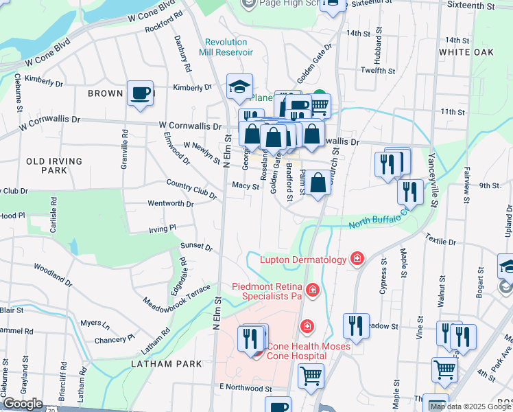 map of restaurants, bars, coffee shops, grocery stores, and more near 1828 North Elm Street in Greensboro