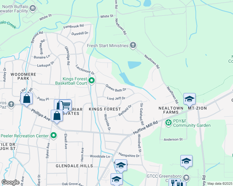 map of restaurants, bars, coffee shops, grocery stores, and more near 4210 Queen Beth Drive in Greensboro