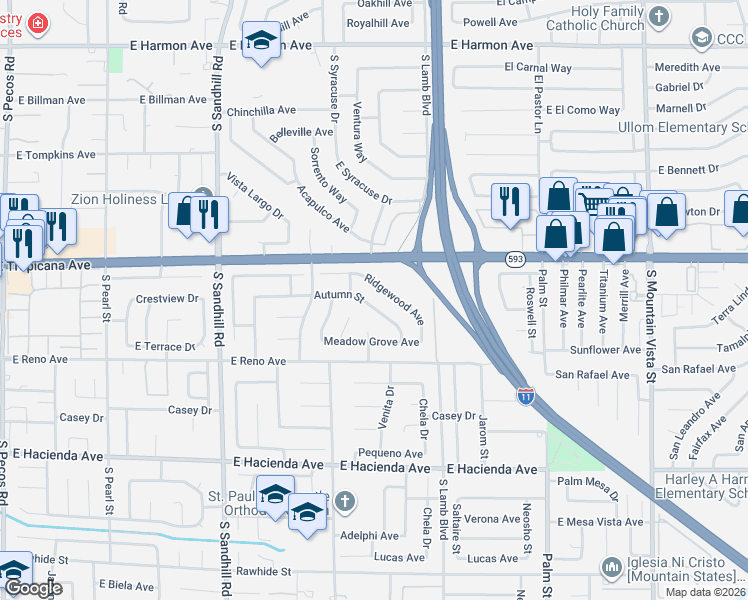 map of restaurants, bars, coffee shops, grocery stores, and more near 4078 Autumn Street in Las Vegas