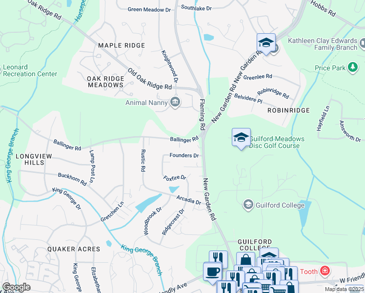 map of restaurants, bars, coffee shops, grocery stores, and more near 5909 Ballinger Road in Greensboro