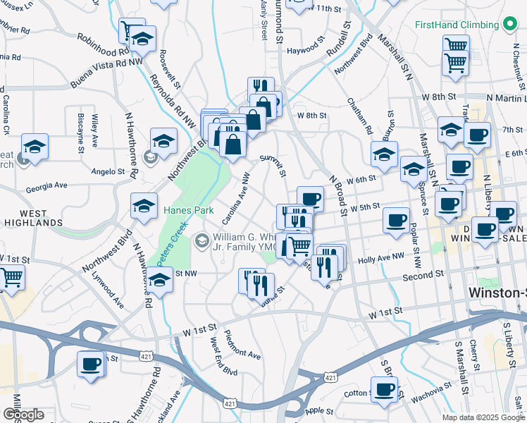 map of restaurants, bars, coffee shops, grocery stores, and more near 516 Jersey Avenue in Winston-Salem
