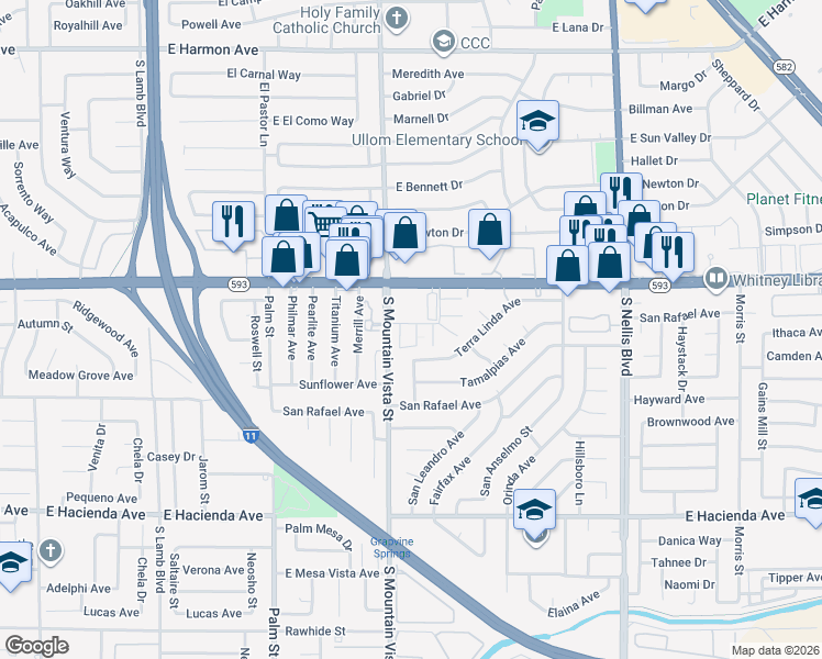 map of restaurants, bars, coffee shops, grocery stores, and more near 4631 Mill Valley Drive in Las Vegas