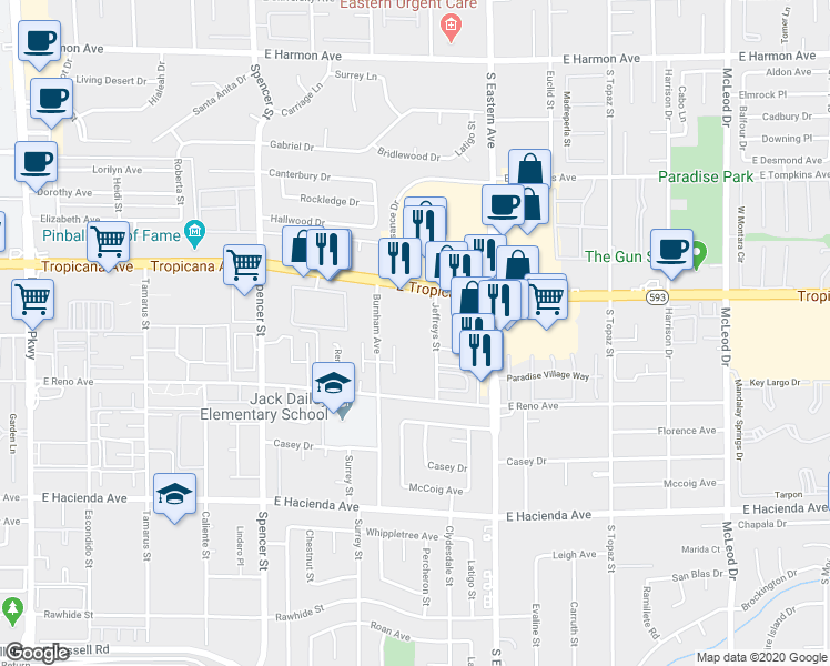 map of restaurants, bars, coffee shops, grocery stores, and more near 4955 Jeffreys Street in Las Vegas