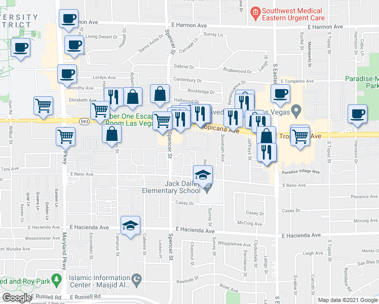 map of restaurants, bars, coffee shops, grocery stores, and more near 5008 Spencer Street in Las Vegas