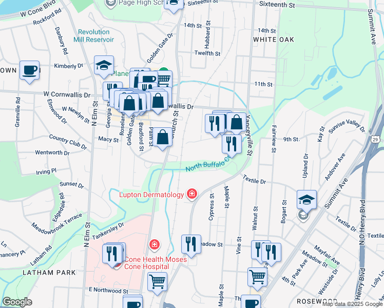 map of restaurants, bars, coffee shops, grocery stores, and more near 850 Revolution Mill Drive in Greensboro