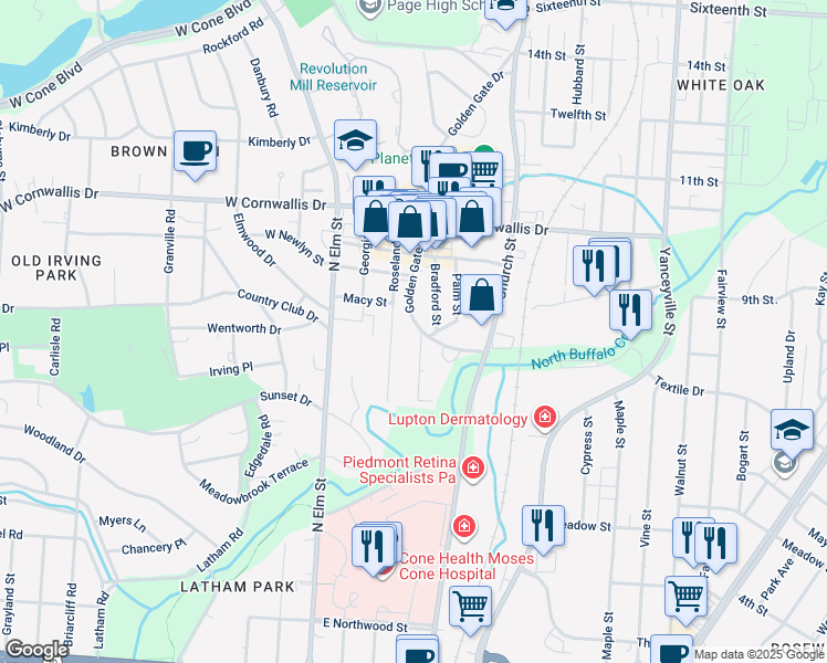 map of restaurants, bars, coffee shops, grocery stores, and more near 1711 Buffalo Street in Greensboro