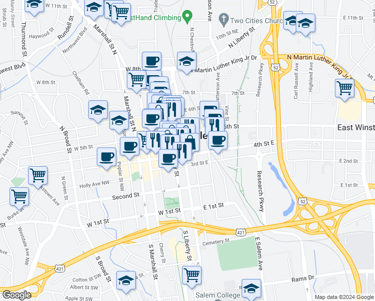 map of restaurants, bars, coffee shops, grocery stores, and more near 430 North Main Street in Winston-Salem