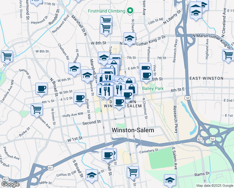 map of restaurants, bars, coffee shops, grocery stores, and more near 100 West 5th Street in Winston-Salem