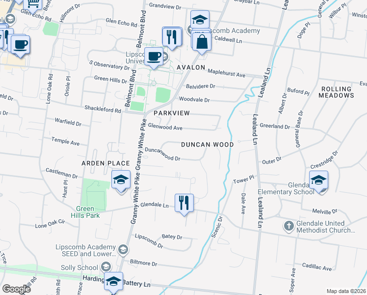 map of restaurants, bars, coffee shops, grocery stores, and more near 1133 Brookmeade Drive in Nashville