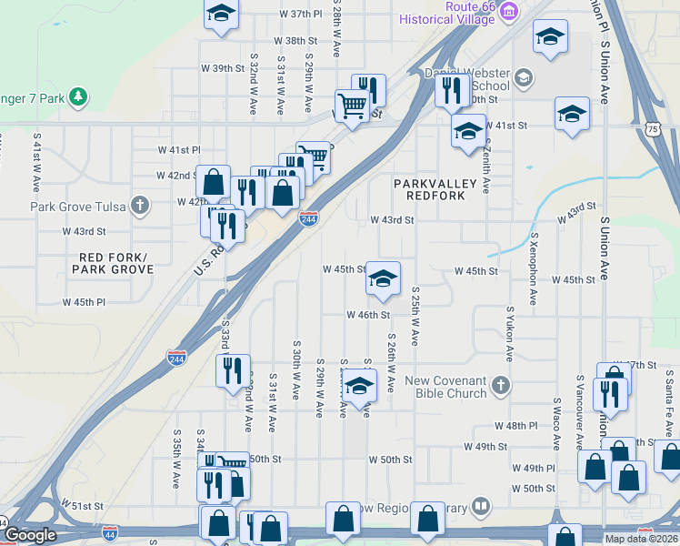 map of restaurants, bars, coffee shops, grocery stores, and more near 4350 South 28th West Avenue in Tulsa