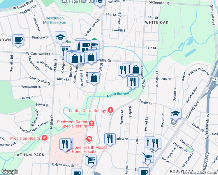 map of restaurants, bars, coffee shops, grocery stores, and more near 850 Revolution Mill Drive in Greensboro