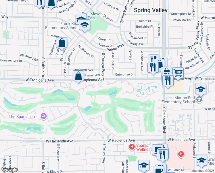 map of restaurants, bars, coffee shops, grocery stores, and more near 7307 Mission Hills Drive in Las Vegas