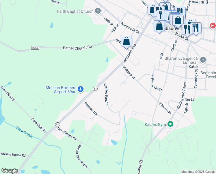 map of restaurants, bars, coffee shops, grocery stores, and more near 1304 Lashley Park Drive in Gibsonville